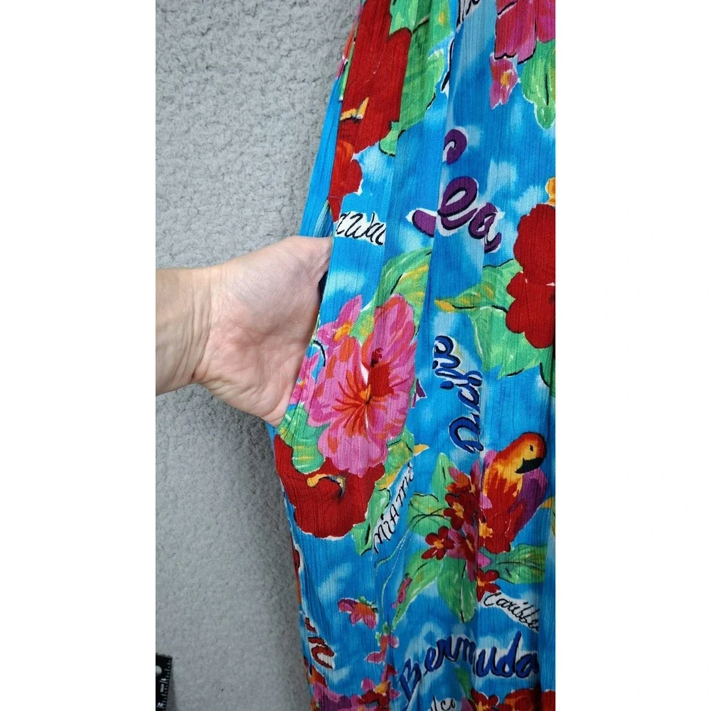 Vintage Carole Little Dress L Button Front Pleated Modest Maxi Boho Blue Tropics